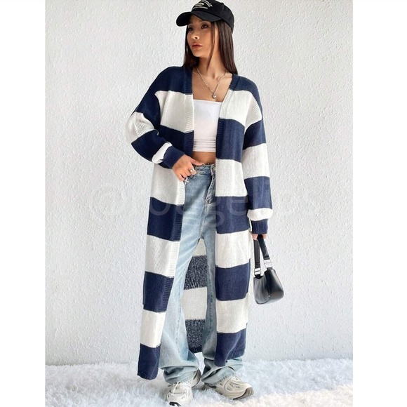 Striped White Navy Long Duster Knit Cardigan Open - Picture 3 of 8